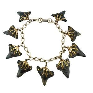 Vintage 1960s Fossil Shark Teeth Retro Cool Charms Gold Tone 7" Bracelet